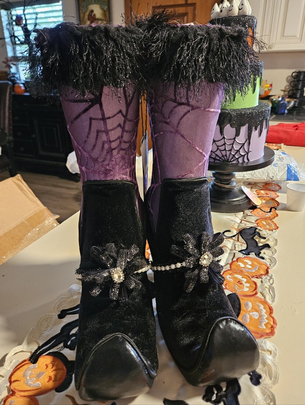 Dan Dee Halloween Witch Boot Covers Stocking Laced Purple Spiderweb Velvet NWT